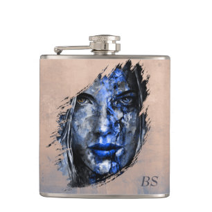 Slecht meisje roestig Rose Goud Blauw monogram Heupfles
