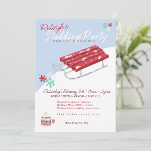 Sledding Hete Cacao Winter Verjaardagsfeest Uitnod Kaart (Staand voorkant)