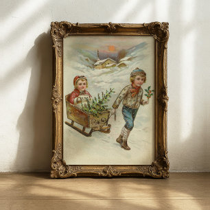 sledetocht Vintage kerst Poster