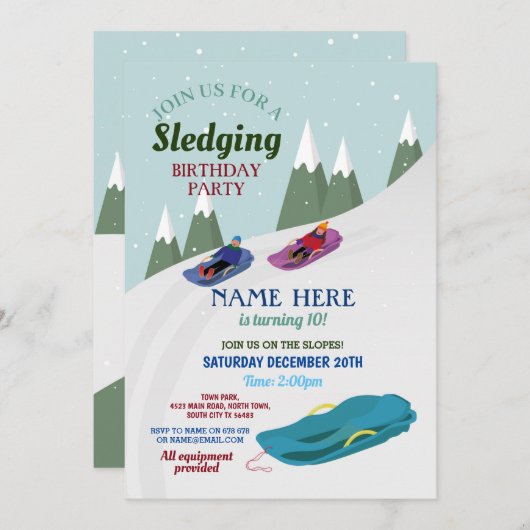 Sledging Anniversaire Fête Pentes Neige Invitation (Devant / Derrière)