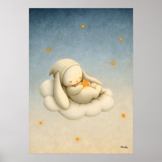 Sleeping Bunny Cloud Nursery Baby Illustration Poster (Voorkant)