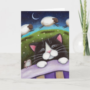 Sleeping Cat & Mouse Dream of Sheep - Cat Art Kaar Kaart