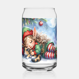 Sleeping Christmas Elf met Calico Kitten Blikvorm Glas