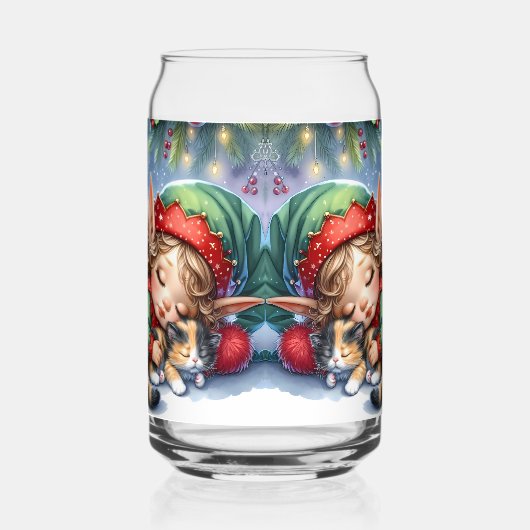 Sleeping Christmas Elf met Calico Kitten Blikvorm Glas (Rechts)