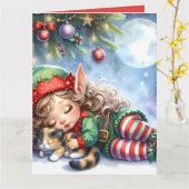 Sleeping Christmas Elf met Calico Kitten Kaart (Gele Bloem)