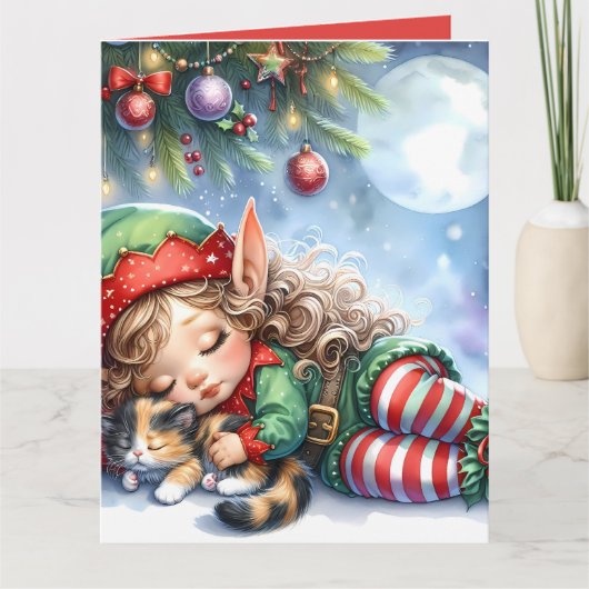 Sleeping Christmas Elf met Calico Kitten Kaart (Voorkant)