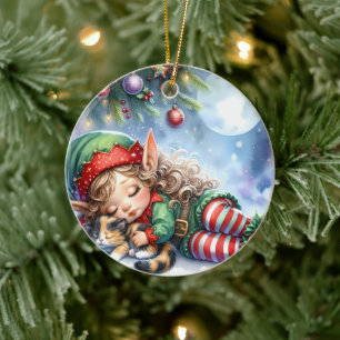 Sleeping Christmas Elf met Calico Kitten Keramisch Ornament