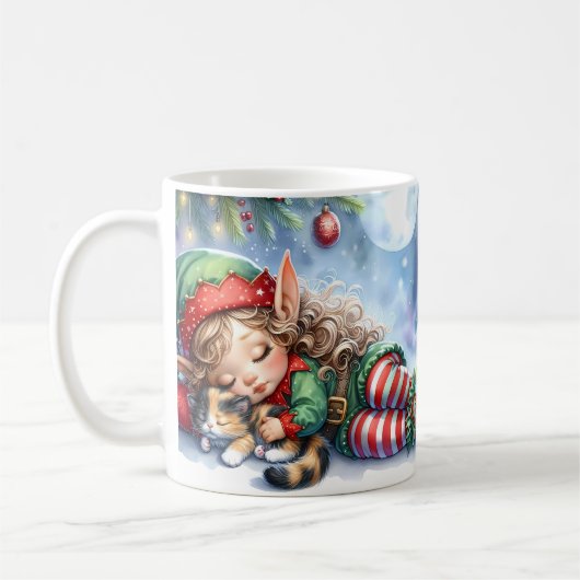 Sleeping Christmas Elf met Calico Kitten Koffiemok (Links)