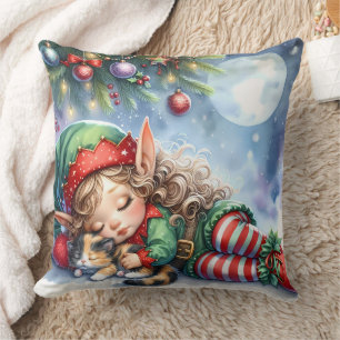 Sleeping Christmas Elf met Calico Kitten Kussen