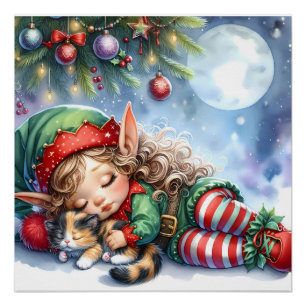 Sleeping Christmas Elf met Calico Kitten Perfect Poster
