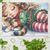 Sleeping Christmas Elf met Calico Kitten Theedoek (Gevouwen)