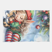 Sleeping Christmas Elf met Calico Kitten Theedoek (Horizontaal)
