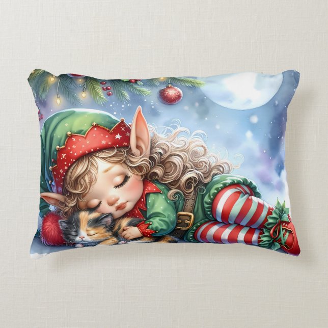 Sleeping Christmas Elf with Calico Kitten Accent Kussen (Voorkant)