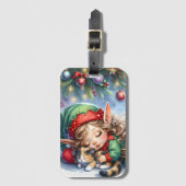 Sleeping Christmas Elf with Calico Kitten Bagagelabel (Voorkant (verticaal))