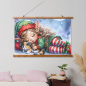 Sleeping Christmas Elf with Calico Kitten Hangend Wandkleed (Slaapkamer)