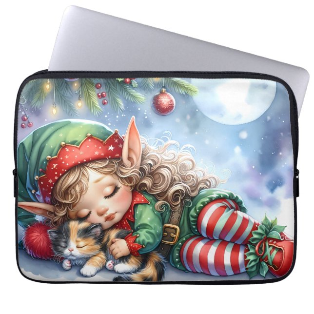 Sleeping Christmas Elf with Calico Kitten Laptop Sleeve (Voorkant)