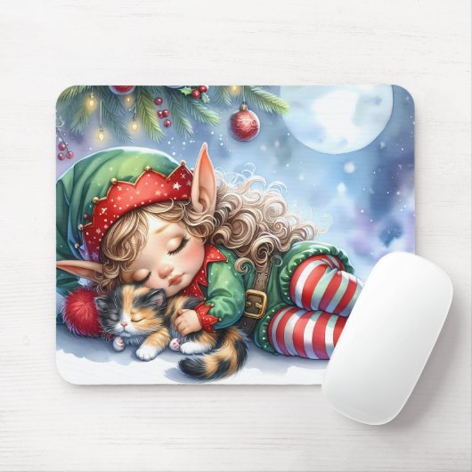 Sleeping Christmas Elf with Calico Kitten Muismat (Met muis)