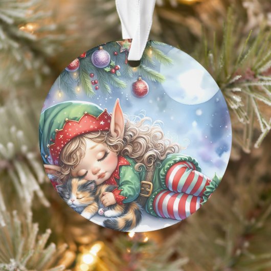 Sleeping Christmas Elf with Calico Kitten Ornament (Boom)