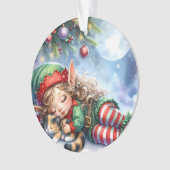 Sleeping Christmas Elf with Calico Kitten Ornament (voorkant)