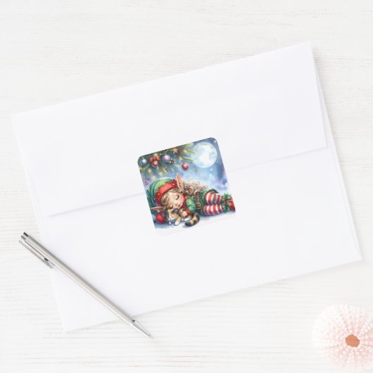 Sleeping Christmas Elf with Calico Kitten Vierkante Sticker (Envelop)