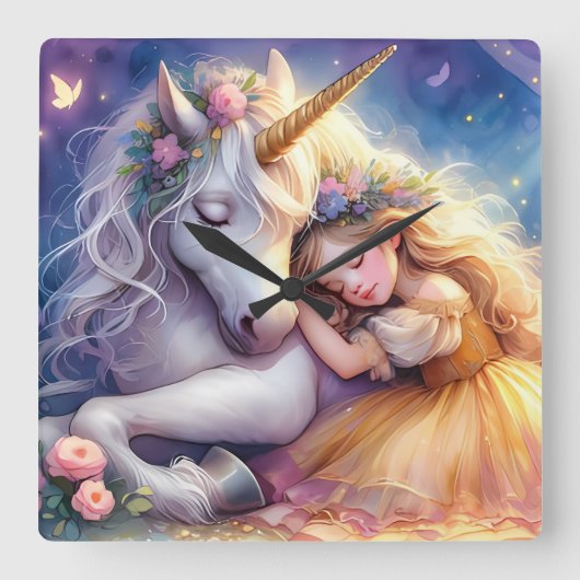 Sleeping Girl Unicorn Dreamscape Vierkante Klok (Voorkant)