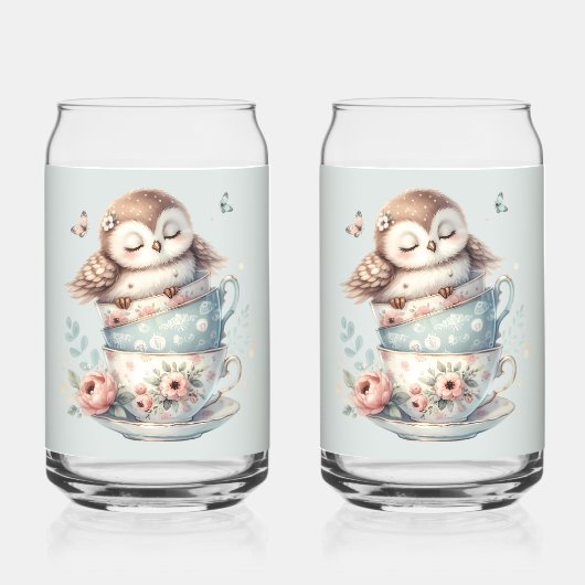 Sleeping Owl in Stacked Floral Teacups Blikvorm Glas (Voorkant)