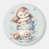 Sleeping Owl in Stacked Floral Teacups Magneet (Voorkant)