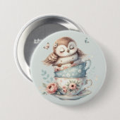 Sleeping Owl in Stacked Floral Teacups Ronde Button 7,6 Cm (Voorkant /achterkant)