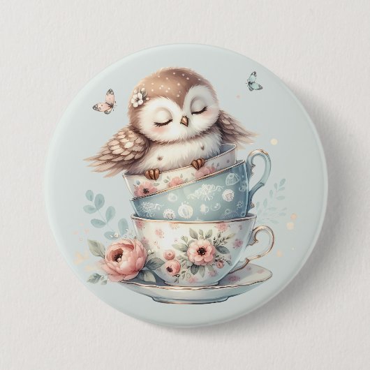 Sleeping Owl in Stacked Floral Teacups Ronde Button 7,6 Cm (Voorkant)
