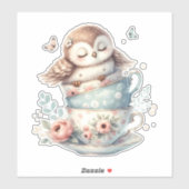 Sleeping Owl in Stacked Floral Teacups Sticker (Vel)