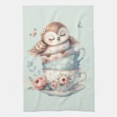 Sleeping Owl in Stacked Floral Teacups Theedoek (Verticaal)