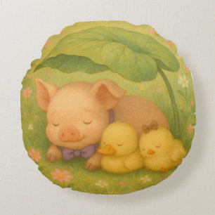 Sleeping Piglet and Ducklings, Waterverf van Nata Rond Kussen