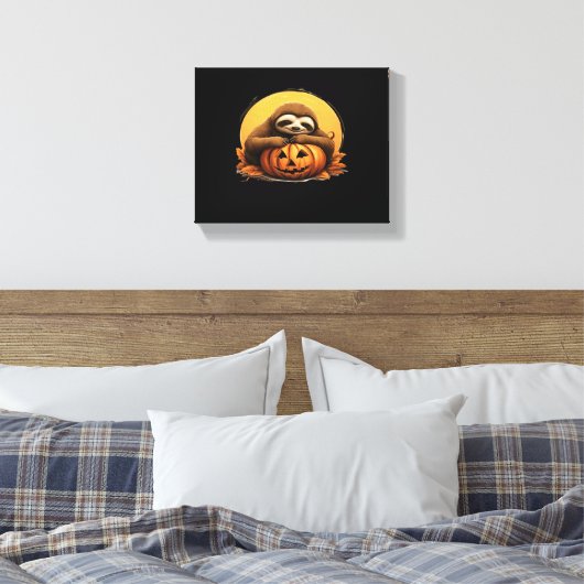 Sleeping Sloth en Halloween Pumpkin Classic T-Shi Canvas Afdruk (Insitu (Slaapkamer))