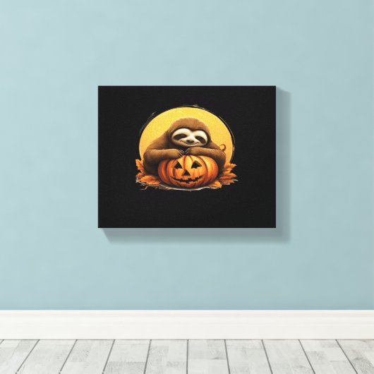 Sleeping Sloth en Halloween Pumpkin Classic T-Shi Canvas Afdruk (Insitu (Houten vloer))
