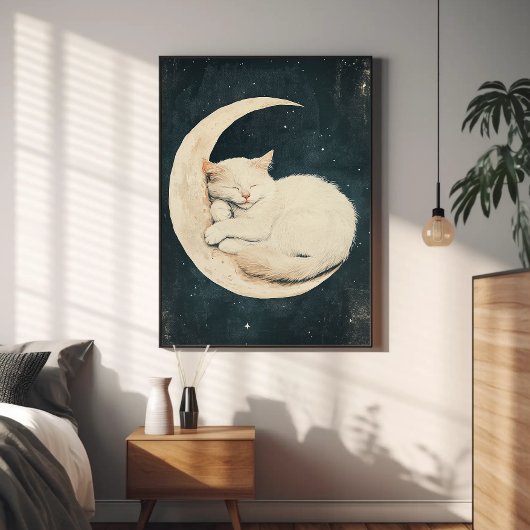 Sleeping White Cat on Crescent Moon beroemd gemaak Poster