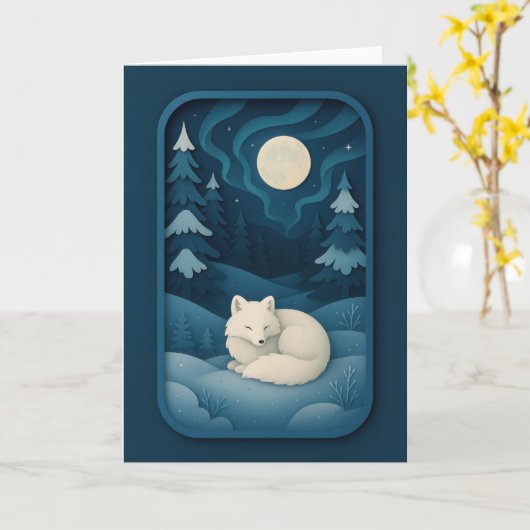 Sleeping White Fox Under Moonlight Card Kaart (Gele Bloem)