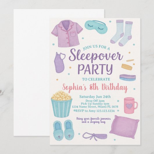Sleepover Invitation anniversaire pour les filles (Devant / Derrière)