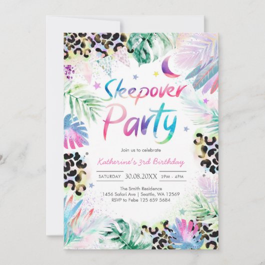 Sleepover Leopard Party Birthday Invitation Kaart (Voorkant)