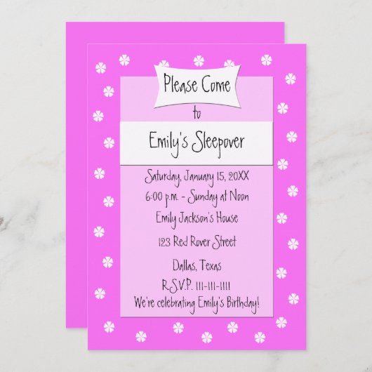 Sleepover Party Invitation Cute Rose Lit (Devant / Derrière)