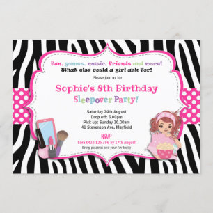 Sleepover Slumber Party Birthday Girls Zebra Print Kaart