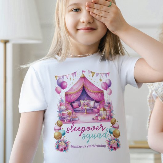 Sleepover squad Verjaardag roze paarse glitter T-shirt