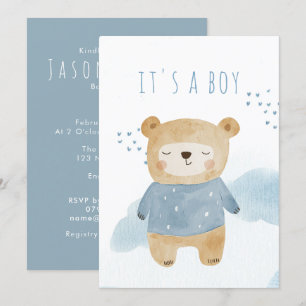 Sleepy Blue Waterverf schattig beer Baby shower Kaart