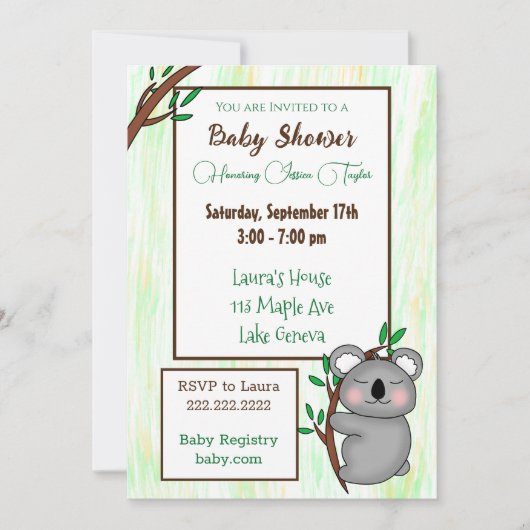 Sleepy Cartoon Koala Veronderd Baby shower Kaart (Voorkant)