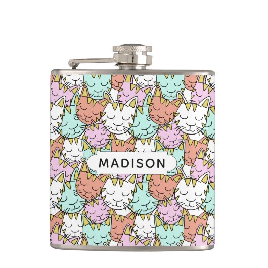 Sleepy Cats Pattern aangepaste naamflessen Heupfles (Voorkant)