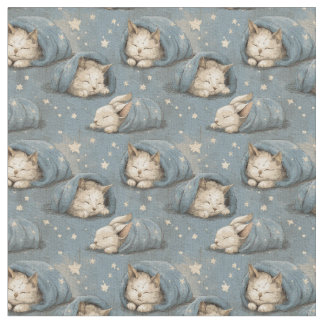 Sleepy Cats Under Starry Sky Cozy Blue Pattern Stof