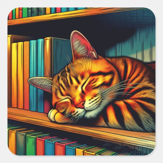 Sleepy Comic Book Style Kat Slapen Vierkante Sticker (Voorkant)