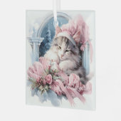 Sleepy Grey Wit Kitten Roze Frilly Kleding Glas Ornament (Voorkant links)