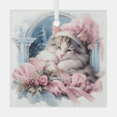 Sleepy Grey Wit Kitten Roze Frilly Kleding Glas Ornament (Voorkant)