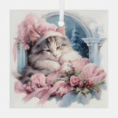 Sleepy Grey Wit Kitten Roze Frilly Kleding Glas Ornament (Achterkant)