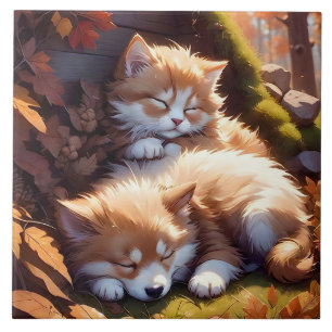Sleepy Kitten en Puppy Fall Leaves Portretkunst Tegeltje